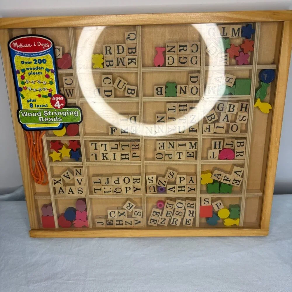 MELISSA & DOUG Stringing Beads Alphabet Shapes String Colorful Wooden Fine Motor